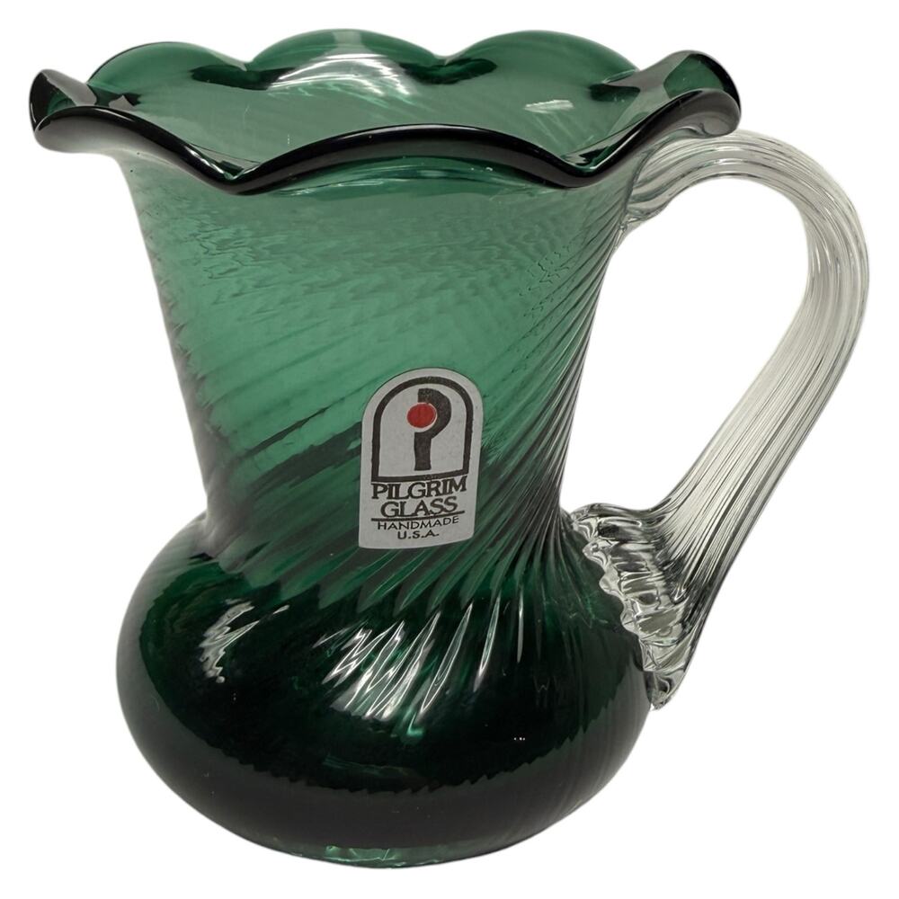 Vintage Pilgrim Glass Mini Pitcher Vase Teal Green Hand Blown 4.5" Art Glass MCM